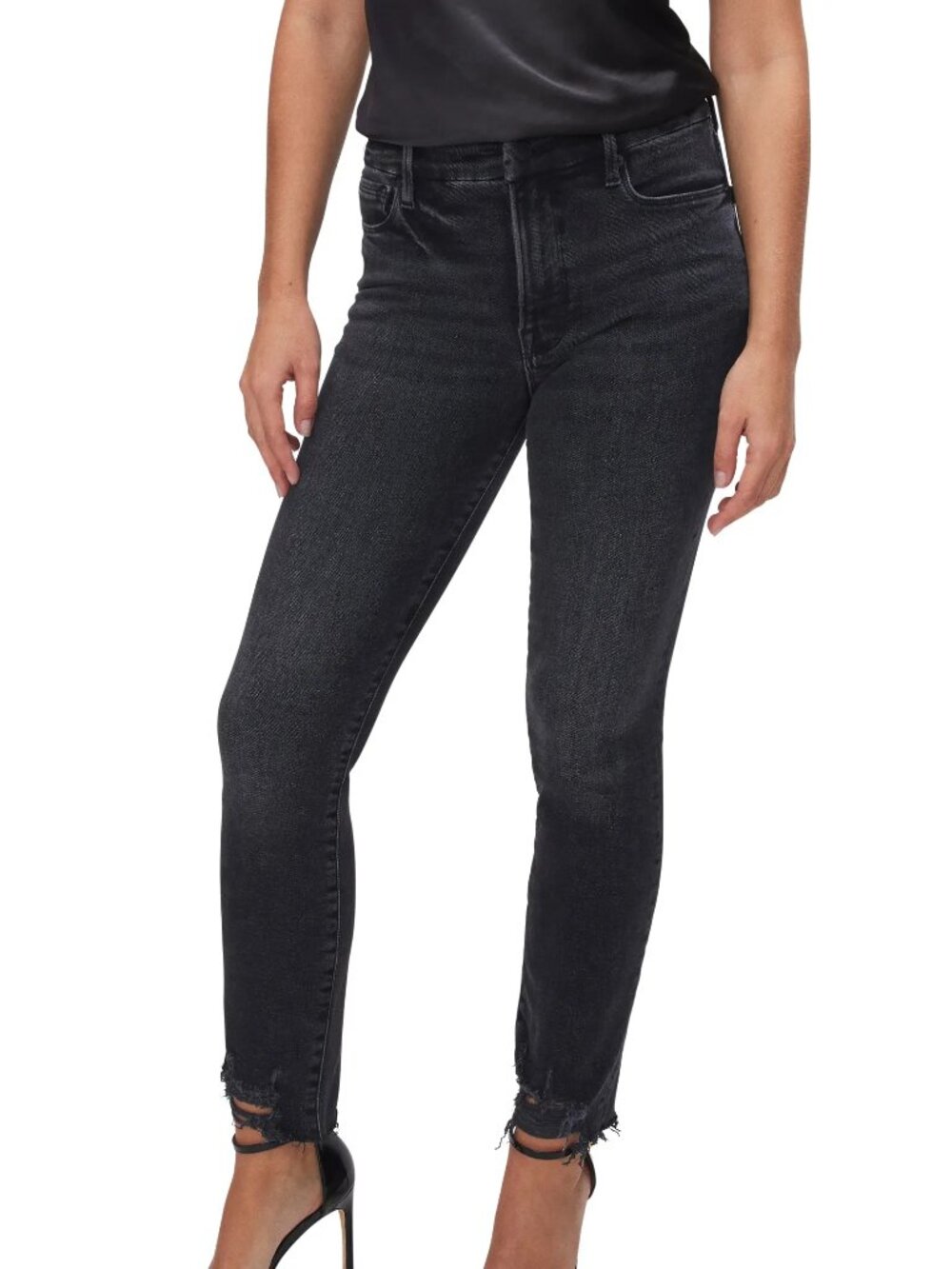 GOOD AMERICAN Good Classic Chewed High Waist Ankle Skinny Jeans in Black